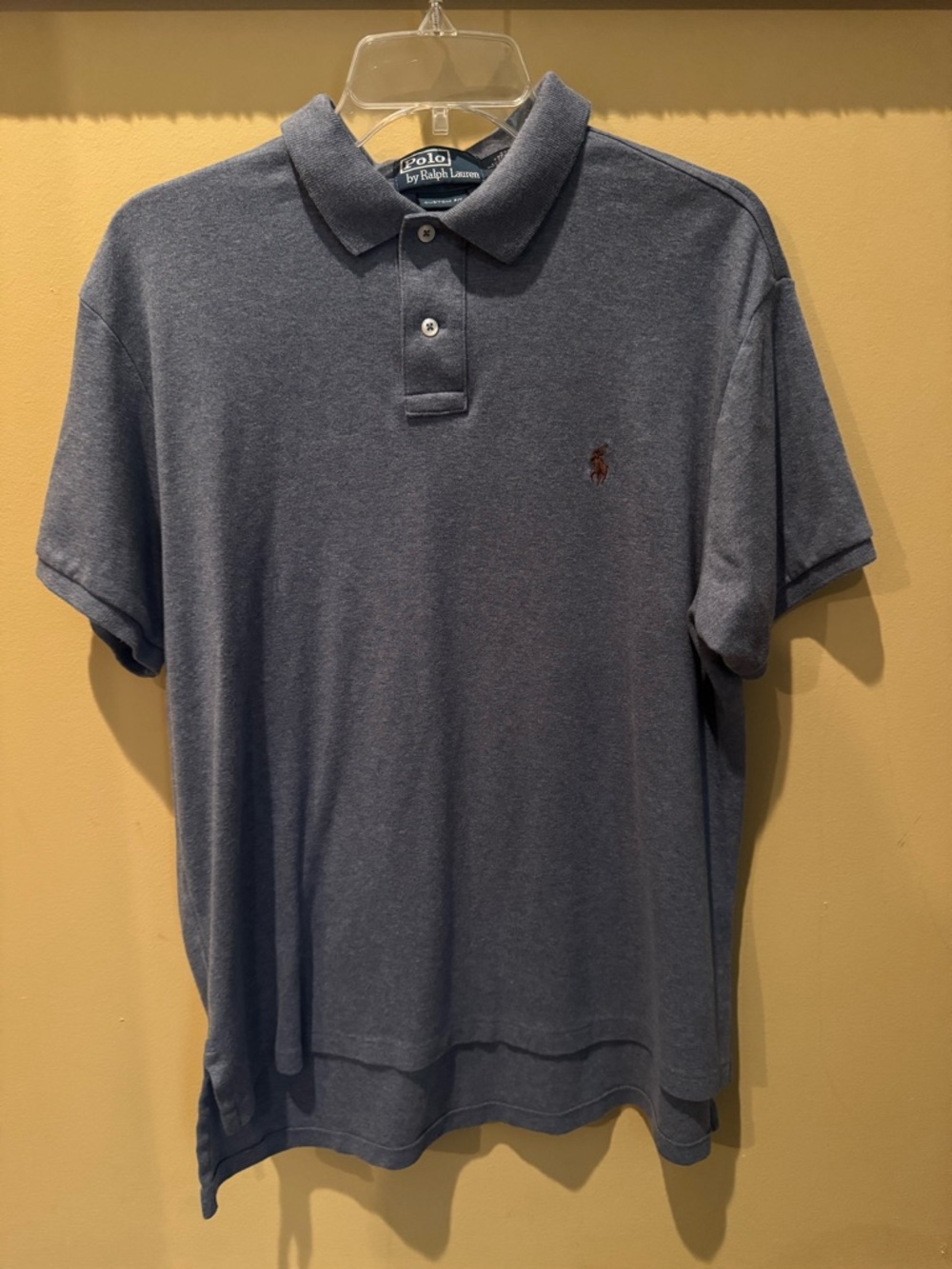 Ralph Lauren Men's Polo Heathered Blue with Brown Logo Short Sleeve Shirt